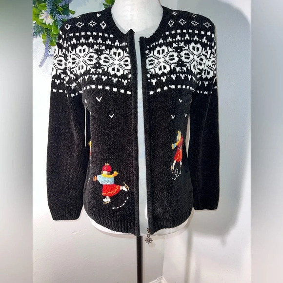 Alfred Dunner petite, S, fair Isle ice skaters zip front, long sleeve cardigan - Picture 1 of 7
